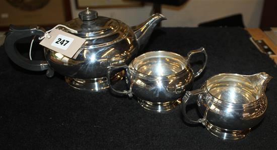 3 piece silver tea set & plated muffin dish
